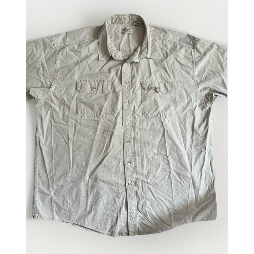 L.L. Bean OPD72 Men's XXL Tall Beige Short Sleeve Button Up Safari Shirt Cotton